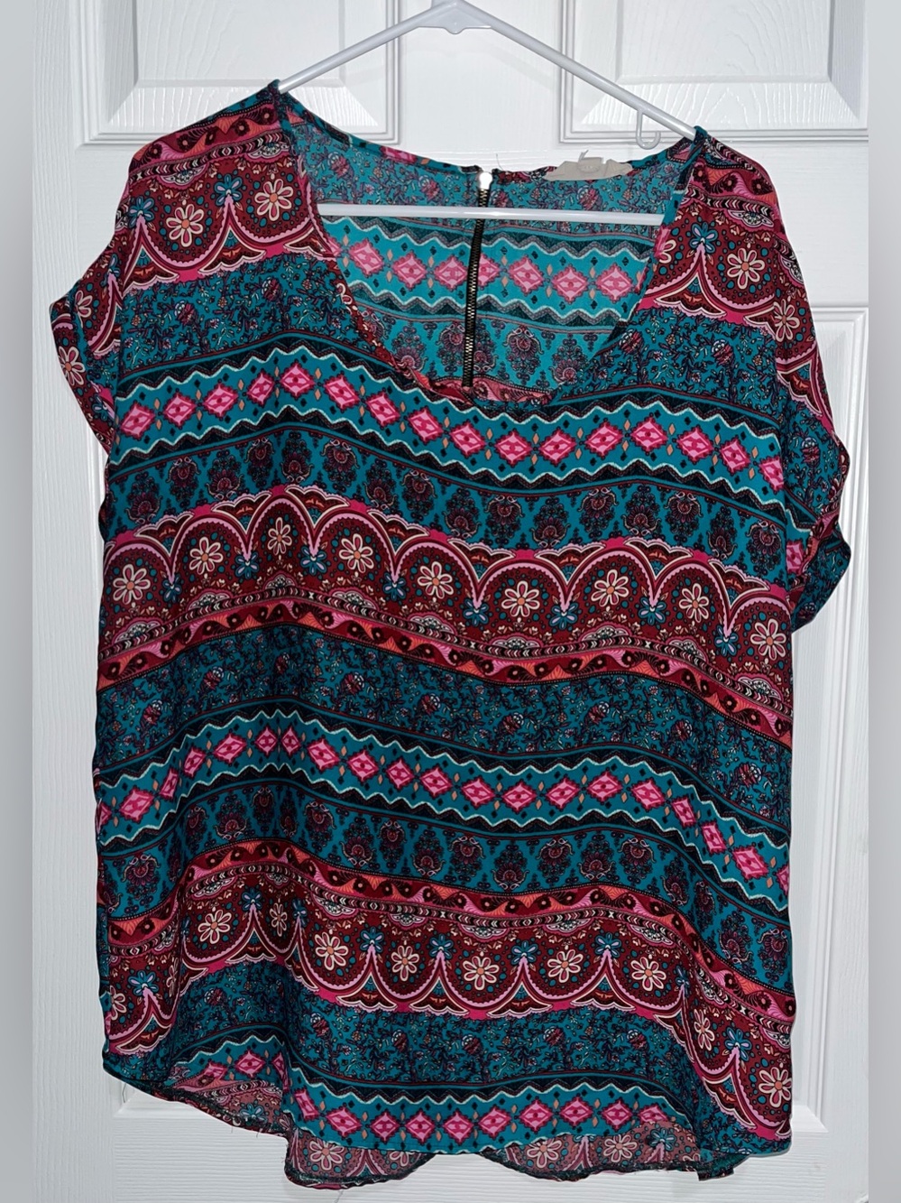 Pink Rose Boho Print Blouse | Teal & Pink Split Neck Top | Short Sleeve